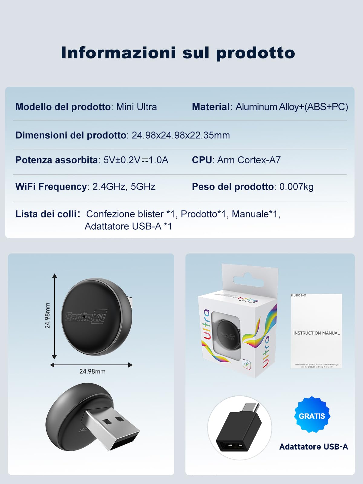 Carlinkit Mini Ultra Adattatore Wireless CarPlay & Android Auto, Converti il Sistema di Fabbrica da Cablato a Wireless, Connessione Rapida USB-A/USB-C per iOS 10+ & Android 11+, Plug & Play, Aggiornam