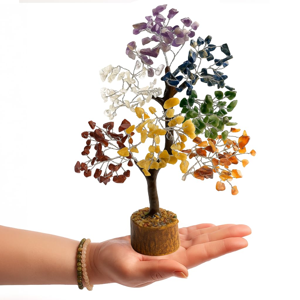 Pietra preziosa Chakra, albero della vita, filo d'argento, decorazione spirituale con 7 pietre curative Chakra, albero Feng Shui, armonia, prosperità ed energia, fatto a mano, circa 25 cm,