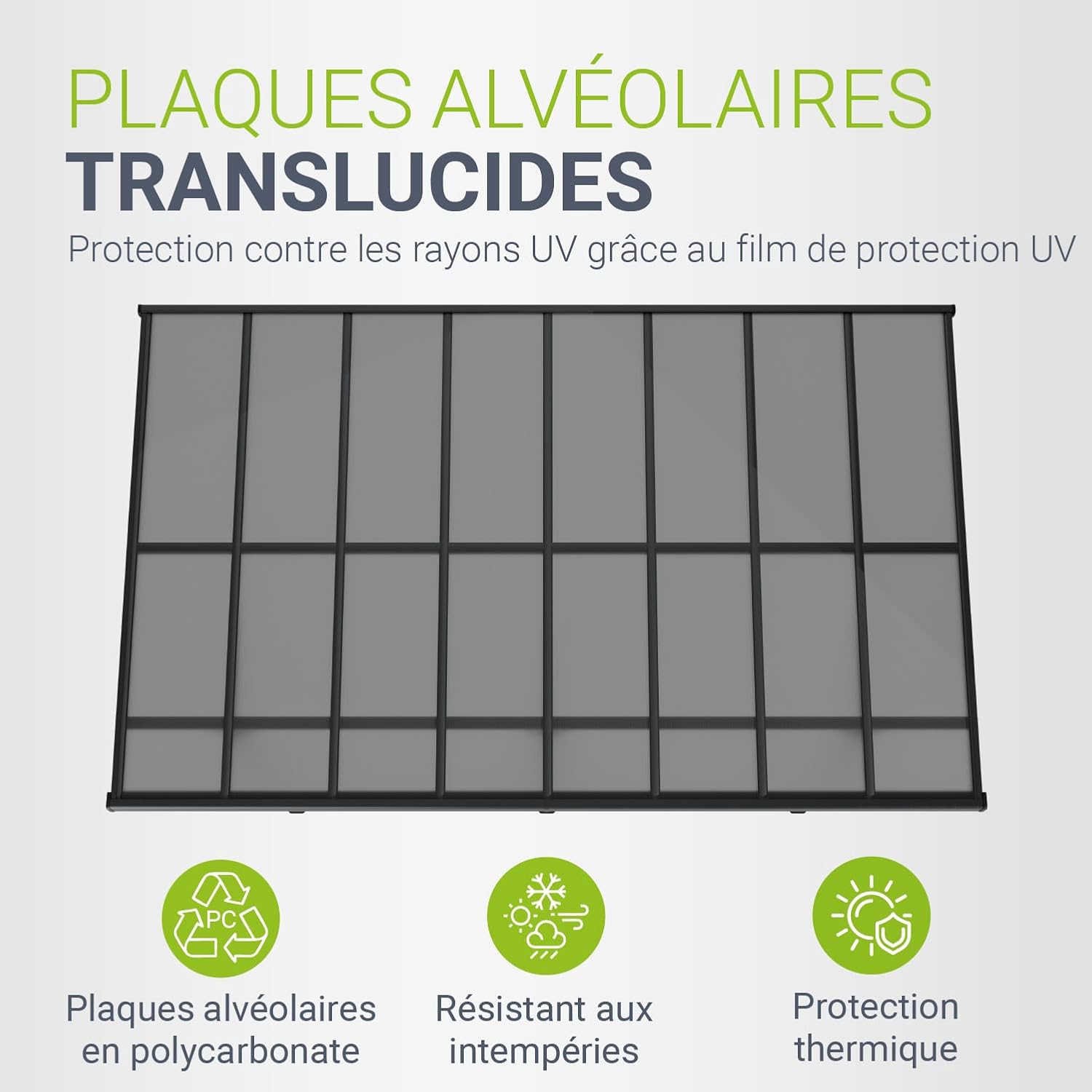 Translucent alveolar polycarbonate plates with UV protection film.