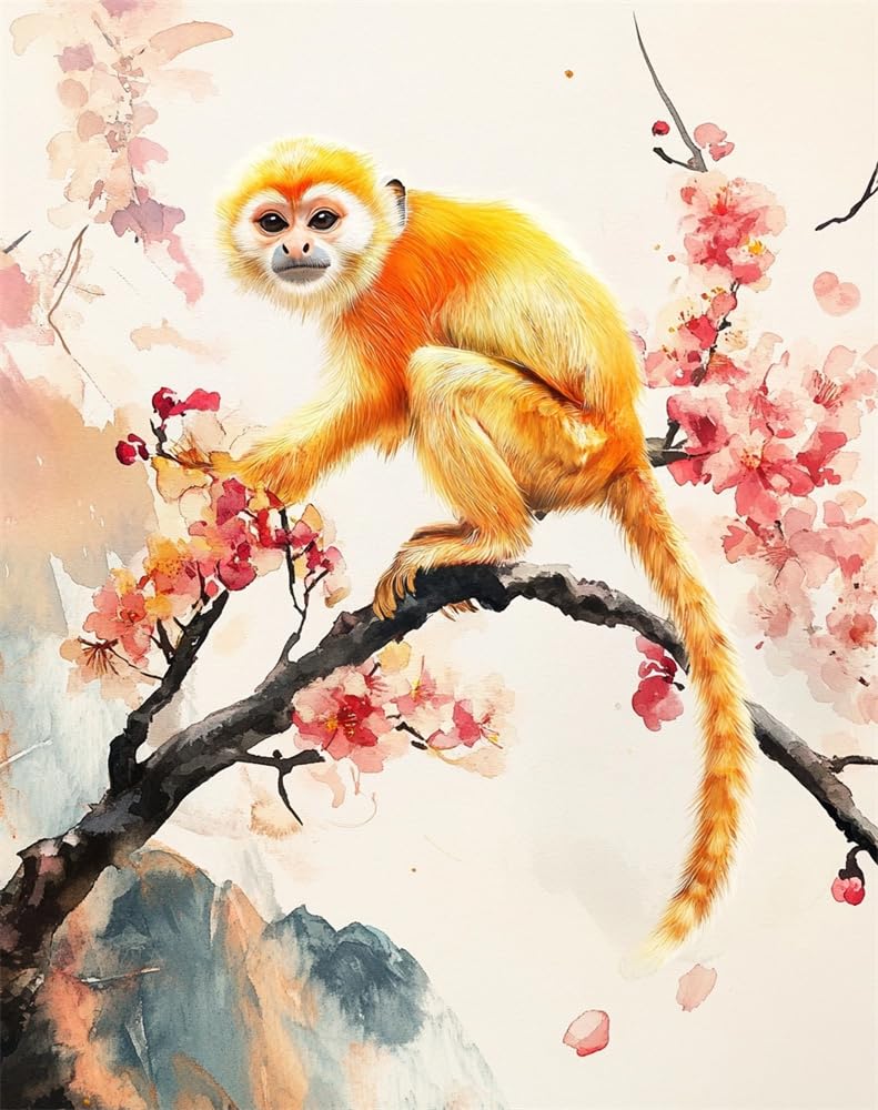 Henypt Art Pre Printed Cross Stitch Kits for Adults Beginners,Monkey Standing On A Plum Blossom Branch 11Ct Stamped Embroidery Kit Wall Art Home Decor Embroidery Crafts for Adults Beginners Gift