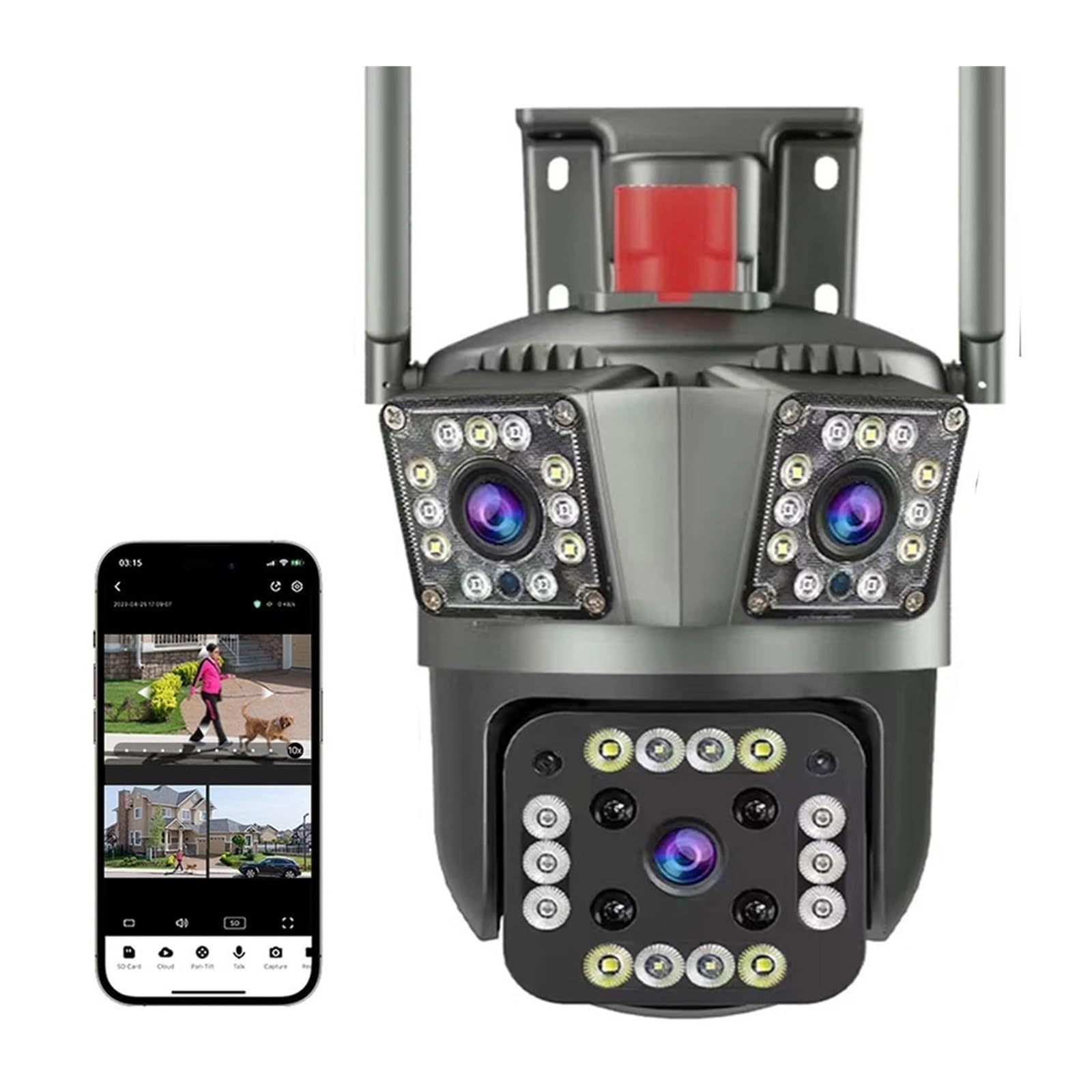 Telecamera di sicurezza PTZ esterna 12MP Triple Lens 3-Screen WiFi Cardless