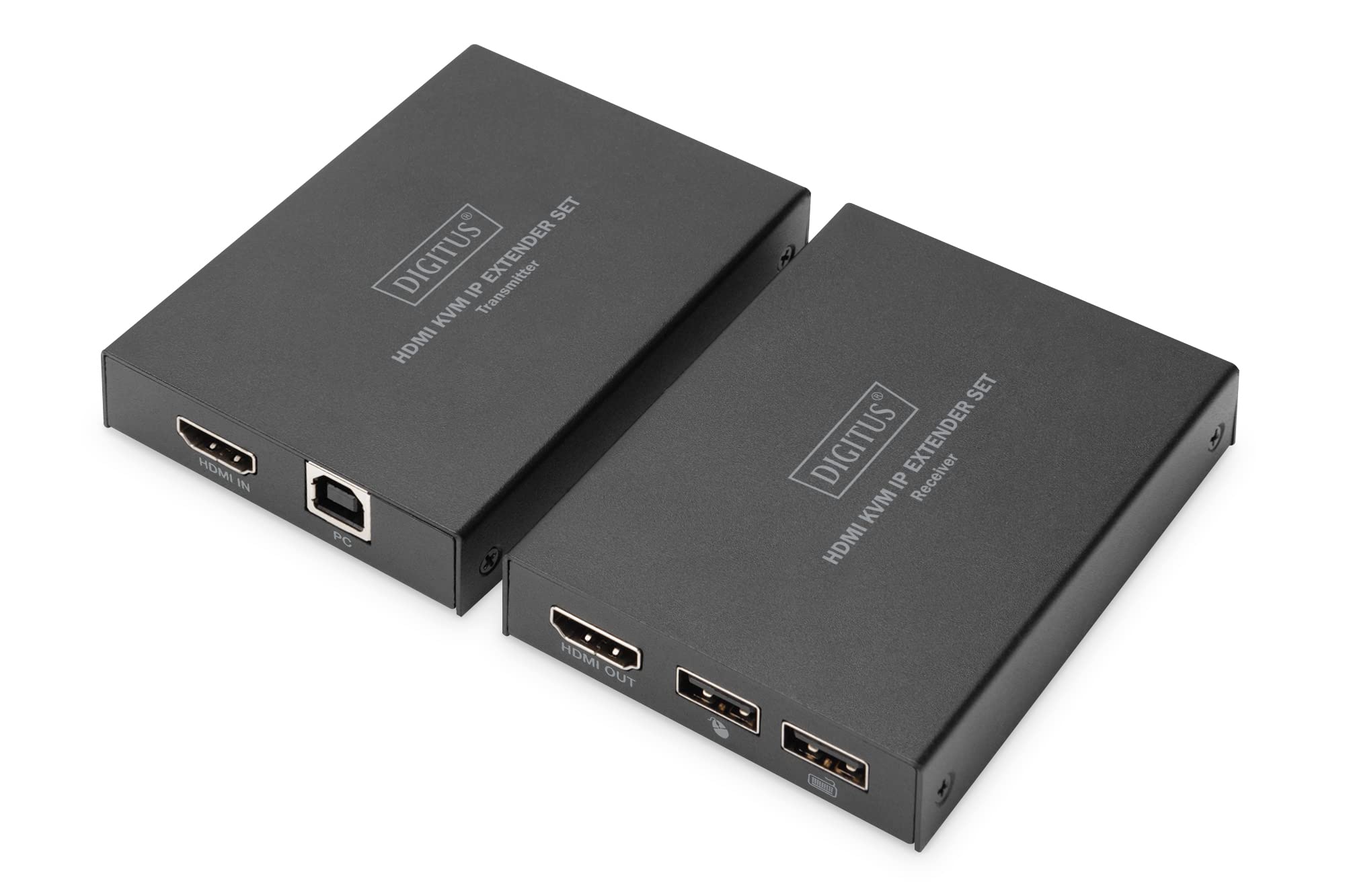 DIGITUS HDMI KVM IP Extender Set | bis 150 m Reichweite – USB 1.1, HDMI 1.4, HDCP 1.4 – Anschluss von Maus und Tastatur – Patchkabel ab CAT 5e