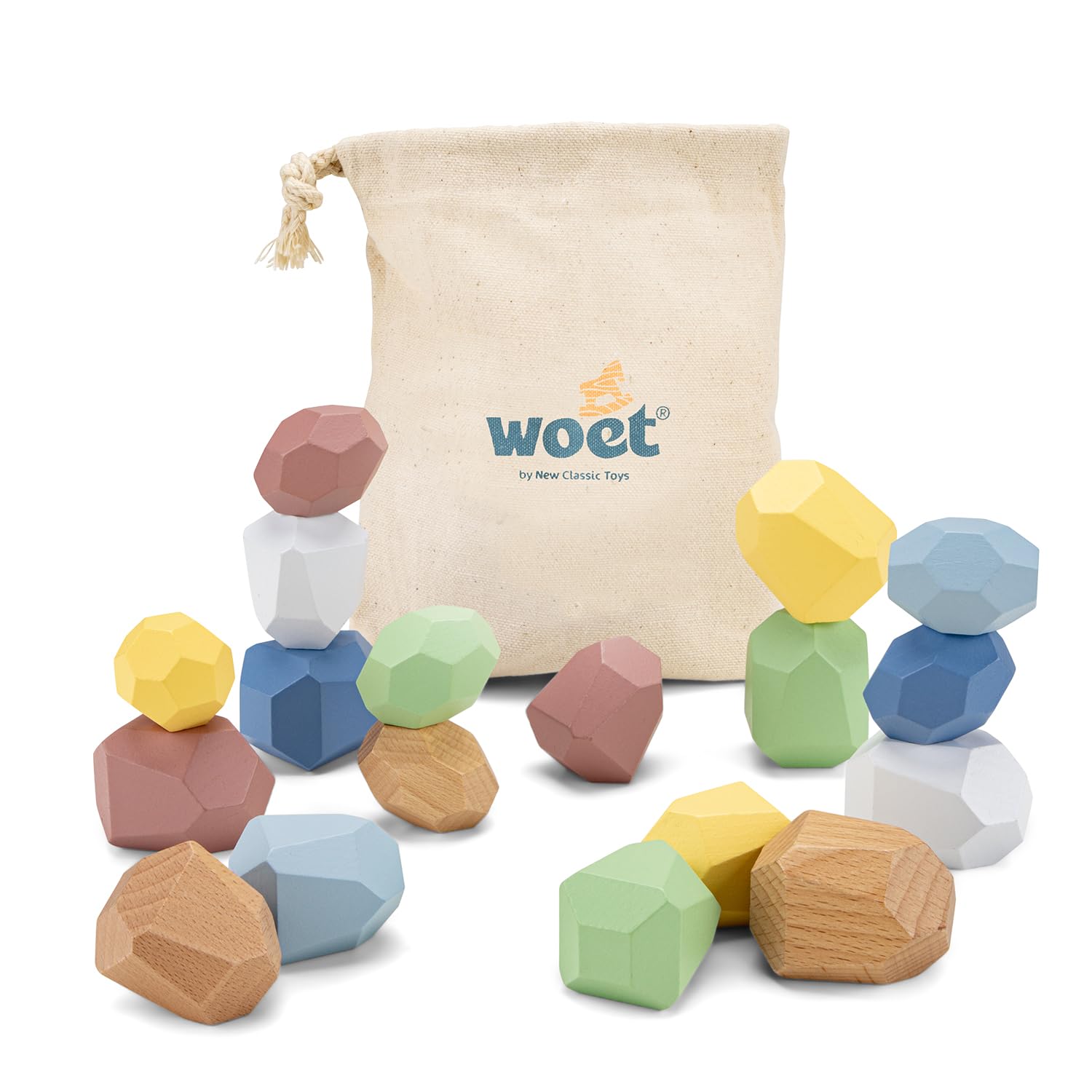 Woet Wooden Balance Blocks for Toddlers 18 Months+ – 18-Piece Montessori Stacking Stones Toy with Storage Bag – Early Learning Preschool Gift – Educational Development Toy for Boys and Girls