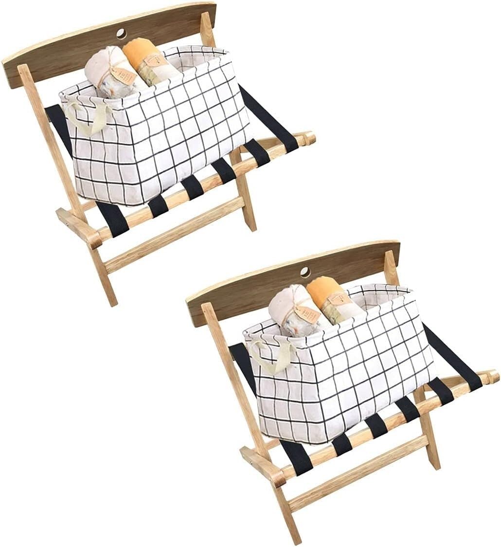 MSHGSKU Luggage rack Folding Luggage Rack 2 Pack Wooden Backrest With Nylon Webbing Strap Luggage Stand Luggage Storage Rack