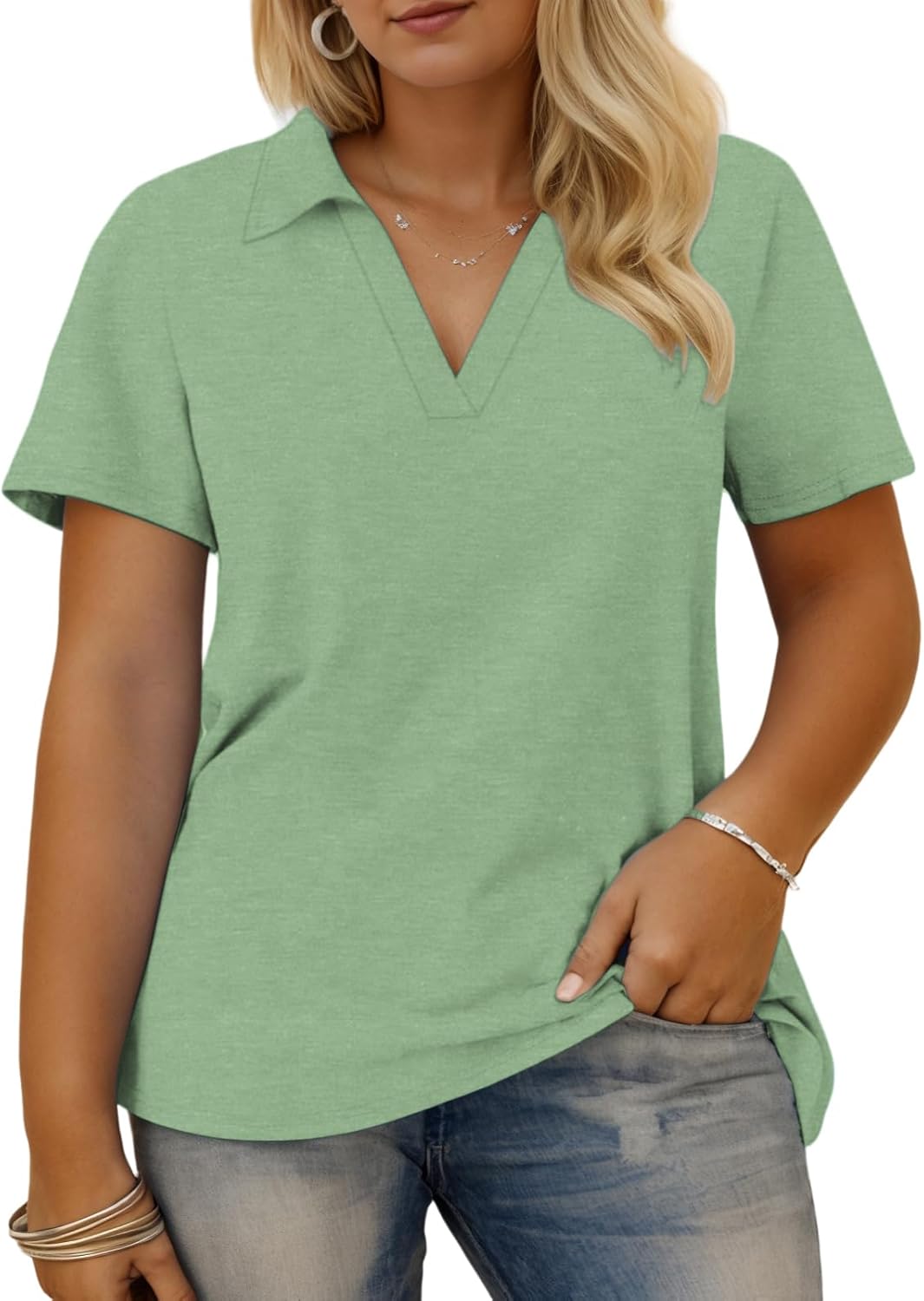 VISLILY Plus-Size-Summer-Tops for Women Collared V Neck Polo Shirts Flowy Tunics Trendy Short Sleeve Blouses 1X-5X