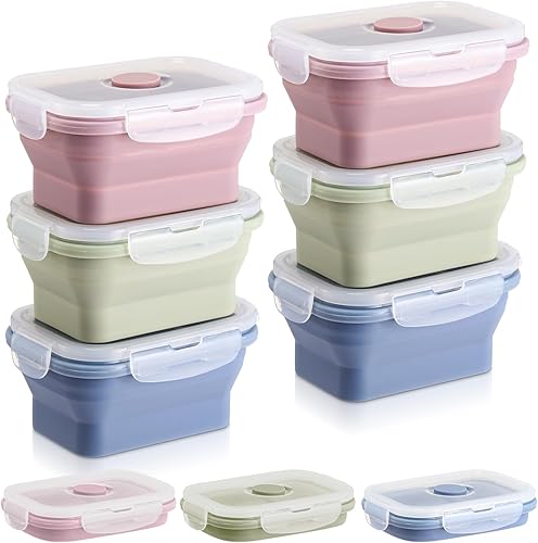 Mifoci 6 recipientes de silicona para alimentos plegables con tapas herméticas, apilables, almacenamiento de alimentos sobrantes, fiambrera plegable Mifoci 6 recipientes de silicona para alimentos plegables con tapas herméticas, apilables, almacenamiento de alimentos sobrantes, fiambrera plegable