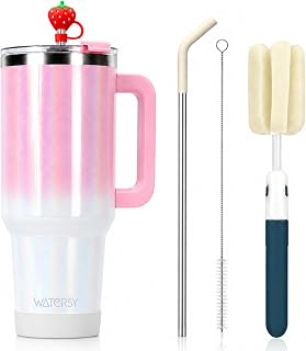 Watersy 40oz Thermos Mug with Handle and Straw, Double Walled Stainless Steel Coffee Mug to Go (34 Hours Cold Holding), Vacuum Drinks Cup for Tea, Cold Drinks and Coffee (Pink