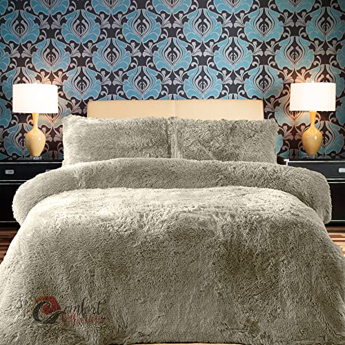 Comfort Collections Fleece Duvet Quilt Cover Teddy Bedding Set With Matching Pillowcase Warm and Cosy Beige Double 200cm x 200cm Approximate