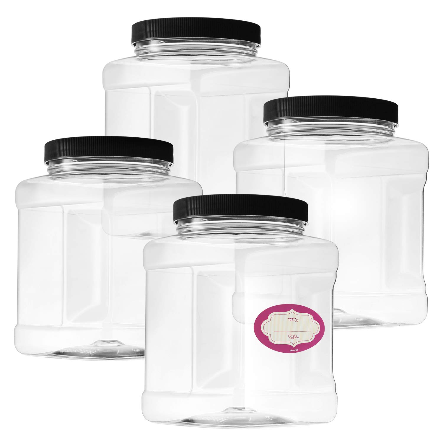 Pack of 4-32 Oz Large Clear Empty Plastic Storage Jars with Lids - Square Food Grade Container with Easy Grip Handles - Multi Purpose Jar BPA Free