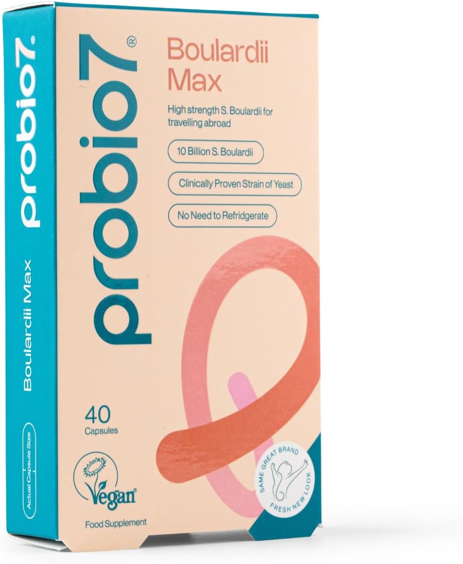Probio7 Boulardii Max | Targeted Travel Gut Support | Saccharomyces Boulardii Supplement for Gut Repair & Digestive Health | 10 Billion CFU, Probiotics for Gut Health Support - 40 Capsules