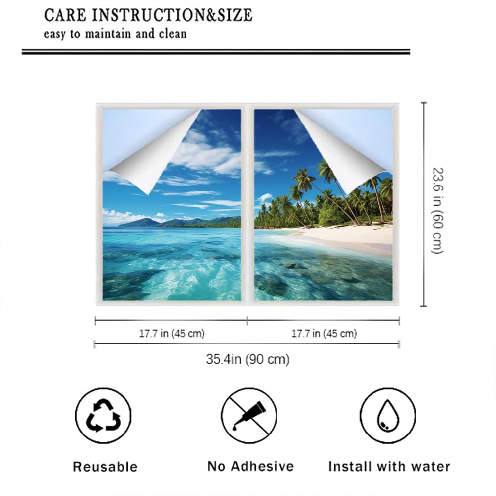 Tranquil Coastal Views Stained Glass Window Film Palm Trees Beach Contemporary Retro Privacy Window Film Non-Adhesive Glass Film Decorative Static Cling Film for Home Office 17.7Wx23.6L-inch x2 Pcs
