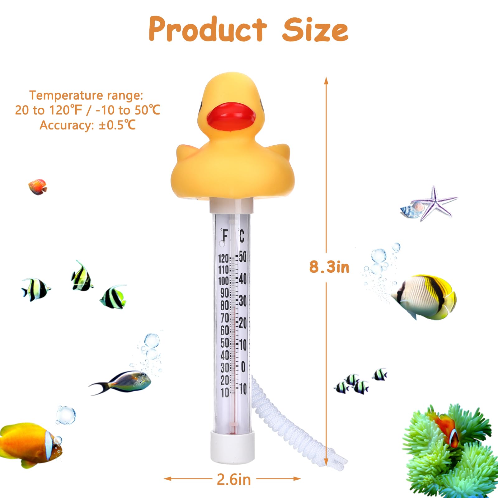 Floating Pool Thermometer Large Size Easy Read for Water Temperature with String for Pond Water Outdoor and Indoor Swimming Pools and Spas (Duck)