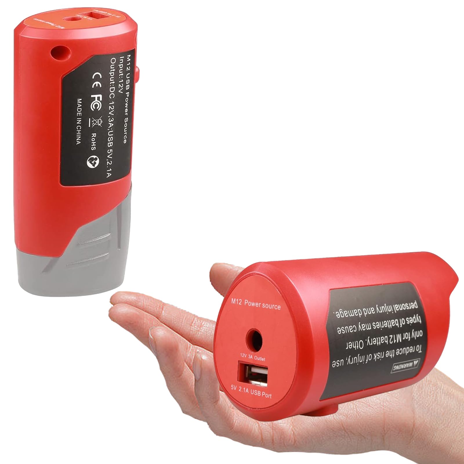M12 Battery Adapter and Portable Power Source for Milwaukee 12V M12 48-59-1201 Li-Ion Battery Adapter with 5V 2.1A Wall Plug, USB Output & DC 12V Outlet for 12V Heated Jacket(Adapter-ONLY)