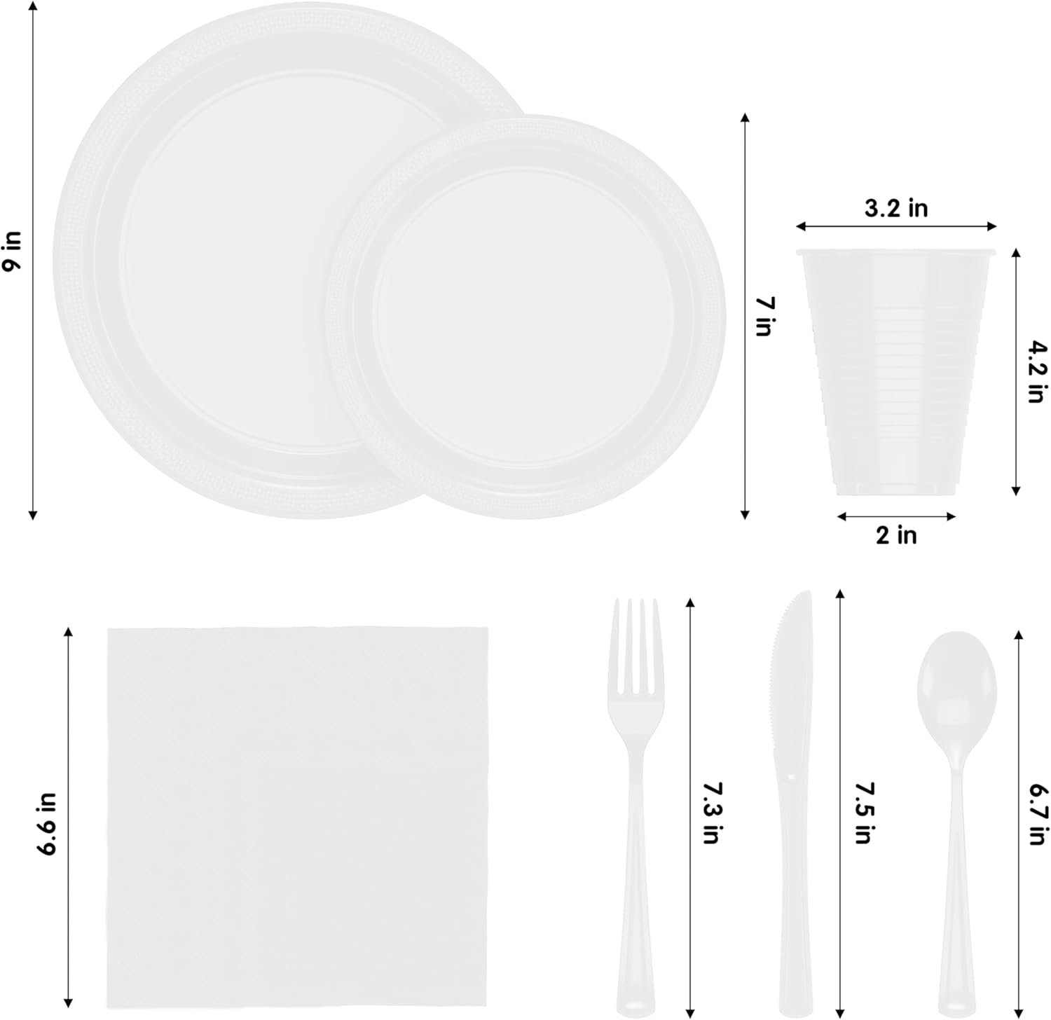 Party Solids 350 Pieces White Plastic Plates For Party, White Disposable Plates Set, 50 Of Each 9" Dinner Plate Set, 7" Dessert Plate, Cups, Napkins & Cutlery Plastic Dinnerware - Image 3