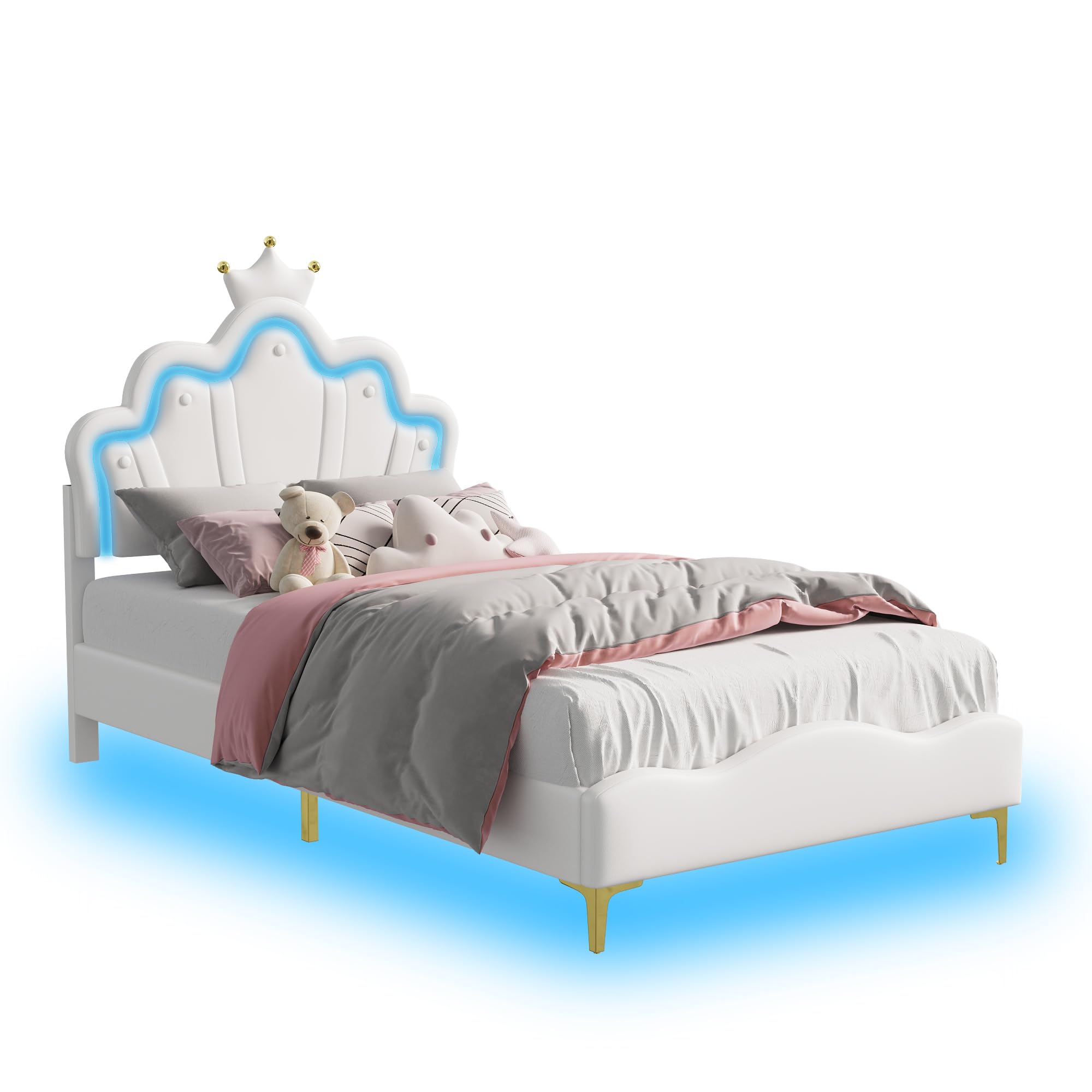 Lit Rembourré 90x200 cm avec LED pour Fille Adolescent, Lit Princesse avec Sommier à Lattes en Bois, lit Fille Enfant, Design Couronne, PU (Blanc)