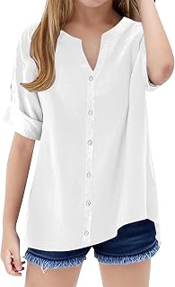 Camisas de manga larga con botones para niñas, camisa básica de lino y algodón liso, transpirable, ligera, suave, ropa casual para niños