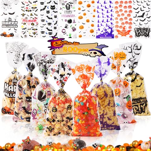 200pcs Halloween Cellophane Bags Pumpkin Spider Bat Candy Transparent Halloween Sweet Treat Bags With Twist Tie for Trick or Treat Party Favor Supplies