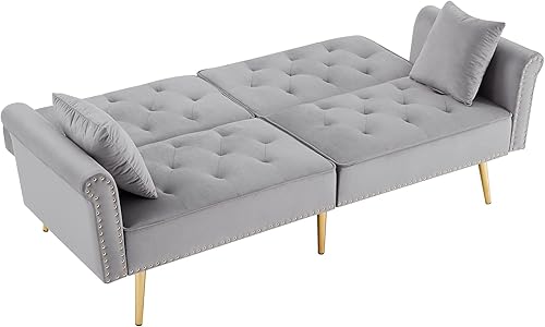 Miniatura 16 de Moderno sofá biplaza de terciopelo de 59 pulgadas con 2 bolsillos, sofá cama convertible tapizado con respaldo múltiple ajustable, sofá futón con