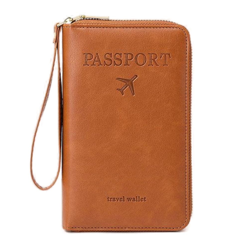 HOUQIXINXIU Passport Zipper Pouch with Strap,Faux Leather Document Organizer Case Men Women Travel Wallet for Cards,Tickets,Brown