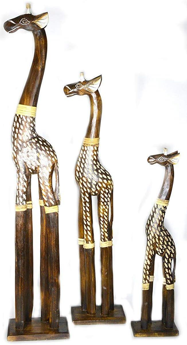 WorldBazzar Set of 3 Hand Carved Wooden Family African Baby Giraffe Statues Sculptures Light