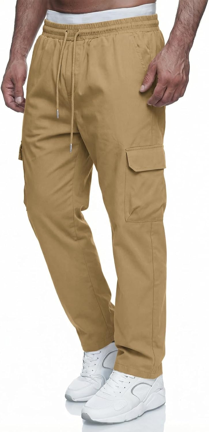 Men's Casual Cargo Pants Workout Joggers Drawstring Chino Cargo Sweatpants Hiking Outdoor Twill Sport Long Pants