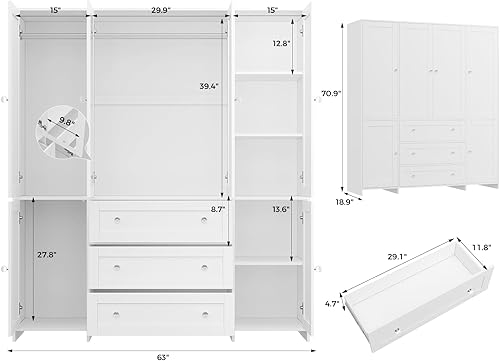 Miniatura 2 de VOWNER Armario Armario con cajones y espejo, armario de almacenamiento de ropa de 71 pulgadas con barra para colgar, armario de madera de 6 puertas