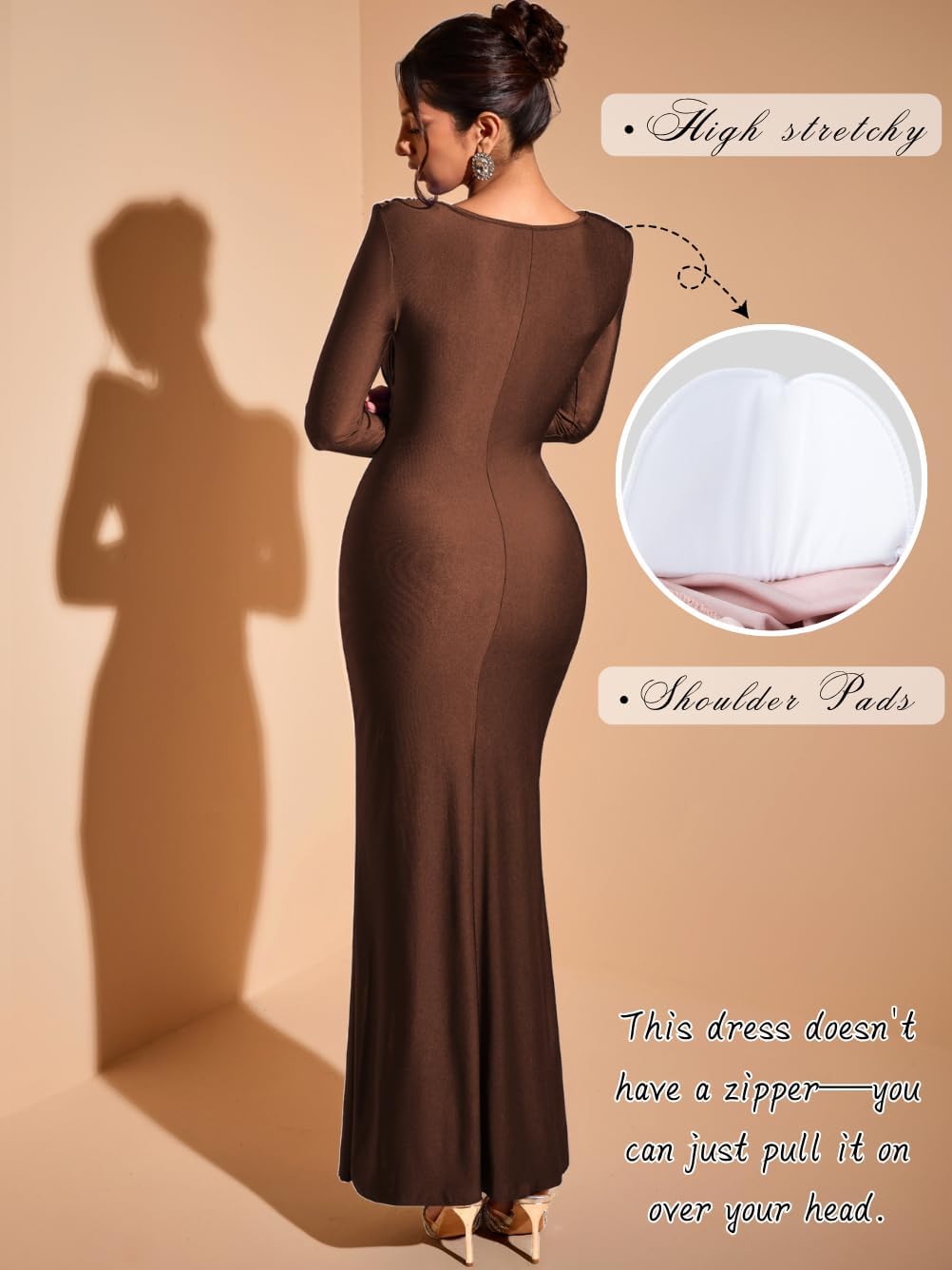 Floor-Length Bodycon Dress, Boat-Neck Ruched, Fall Long Sleeve, Semi-Formal Cocktail Evening-Gowns for Women