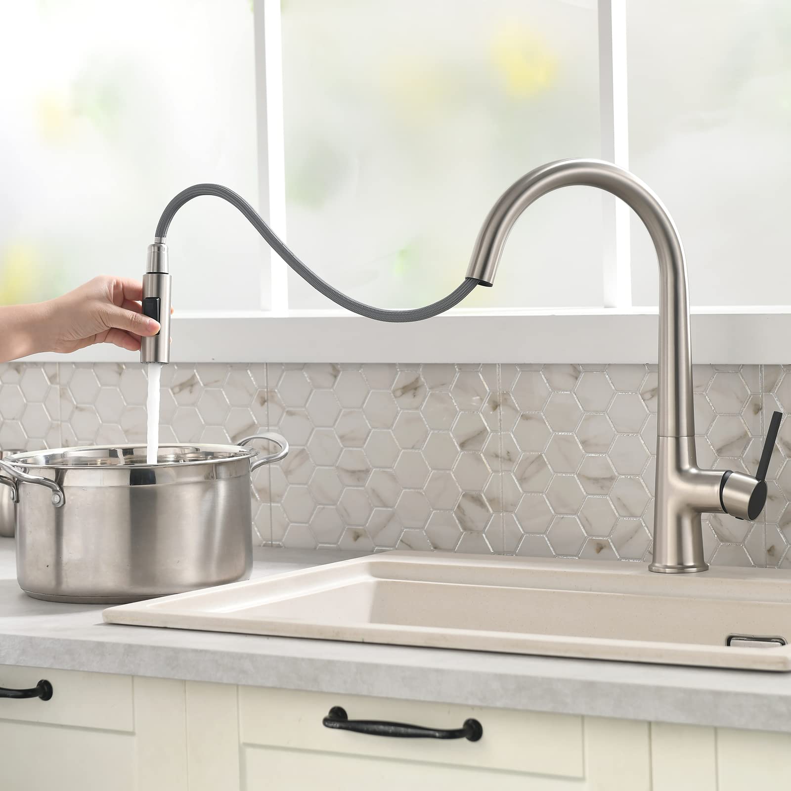 Rubinetto Cucina Estraibile TIMACO - Alta Pressione, 360°, Acciaio Inox 304, Nichel Spazzolato - Foto 5