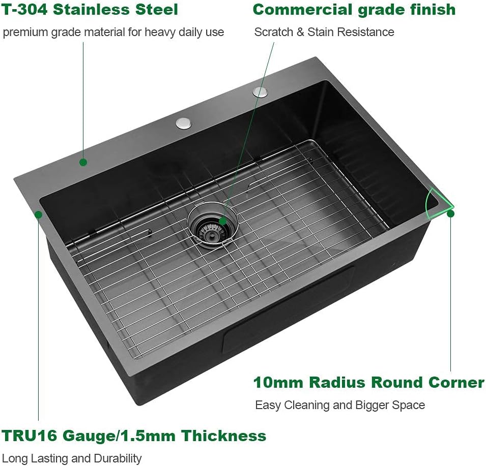 Uр Tо 40% оƒƒ Black Drop In Sink - Sarlai 33 Inch Kitchen Sink Top Mount Gunmetal Black Topmount Stainless 16 Gauge Single Bowl 10 Deep Basin