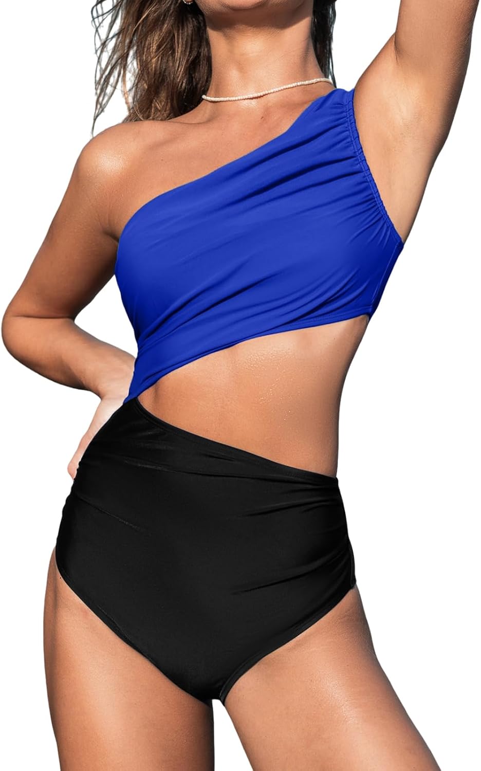 CUPSHE Women's One Piece Swimsuit One Shoulder Color Block Side Cutout Ruched Bathing Suit