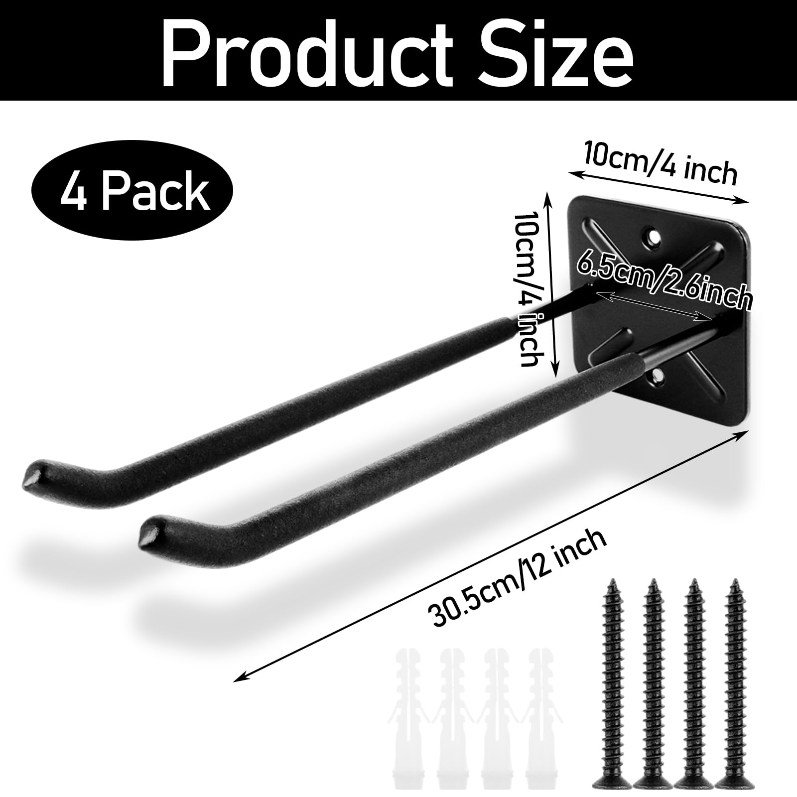 AKOLAFE 4 Piezas Ganchos Garaje Negros, Gancho Pared de Acero Carbono 31,5 cm, Ganchos Resistentes con Tornillos para Herramientas Bicicleta Escalera Jardin