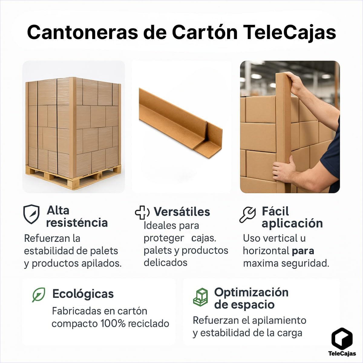 Cantoneras de cartón reciclado 120 cm x 4 cm Protectoras para palets y embalaje Pack de 12