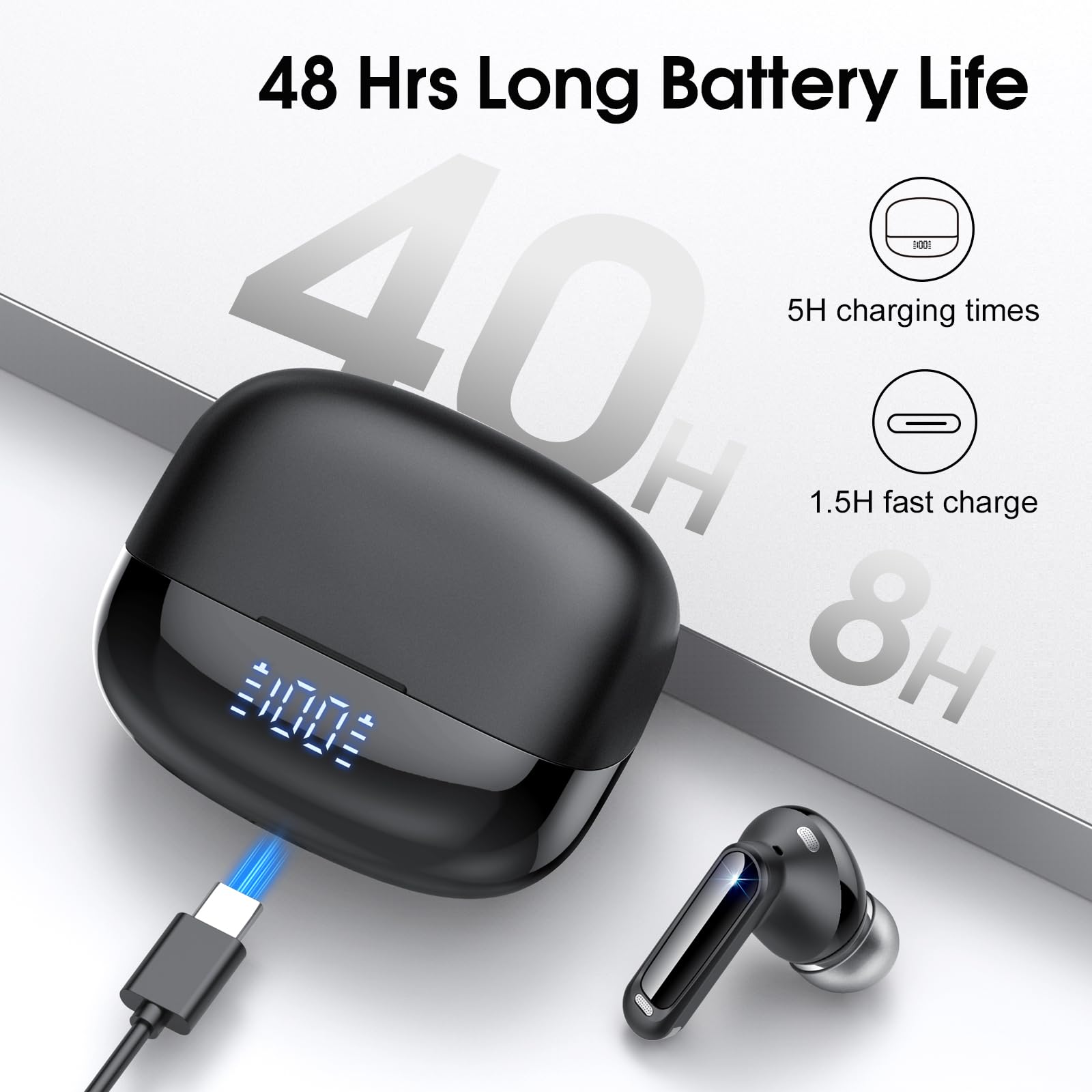 Cuffie Bluetooth, Auricolari Bluetooth 5.4 Stereo HiFi con 4 ENC Mic, 40 Ore Sport Cuffie Wireless IP7 Impermeabili con LED Display, Touch Control Cuffiette per Androide iOS, Ricarica Rapida USB-C
