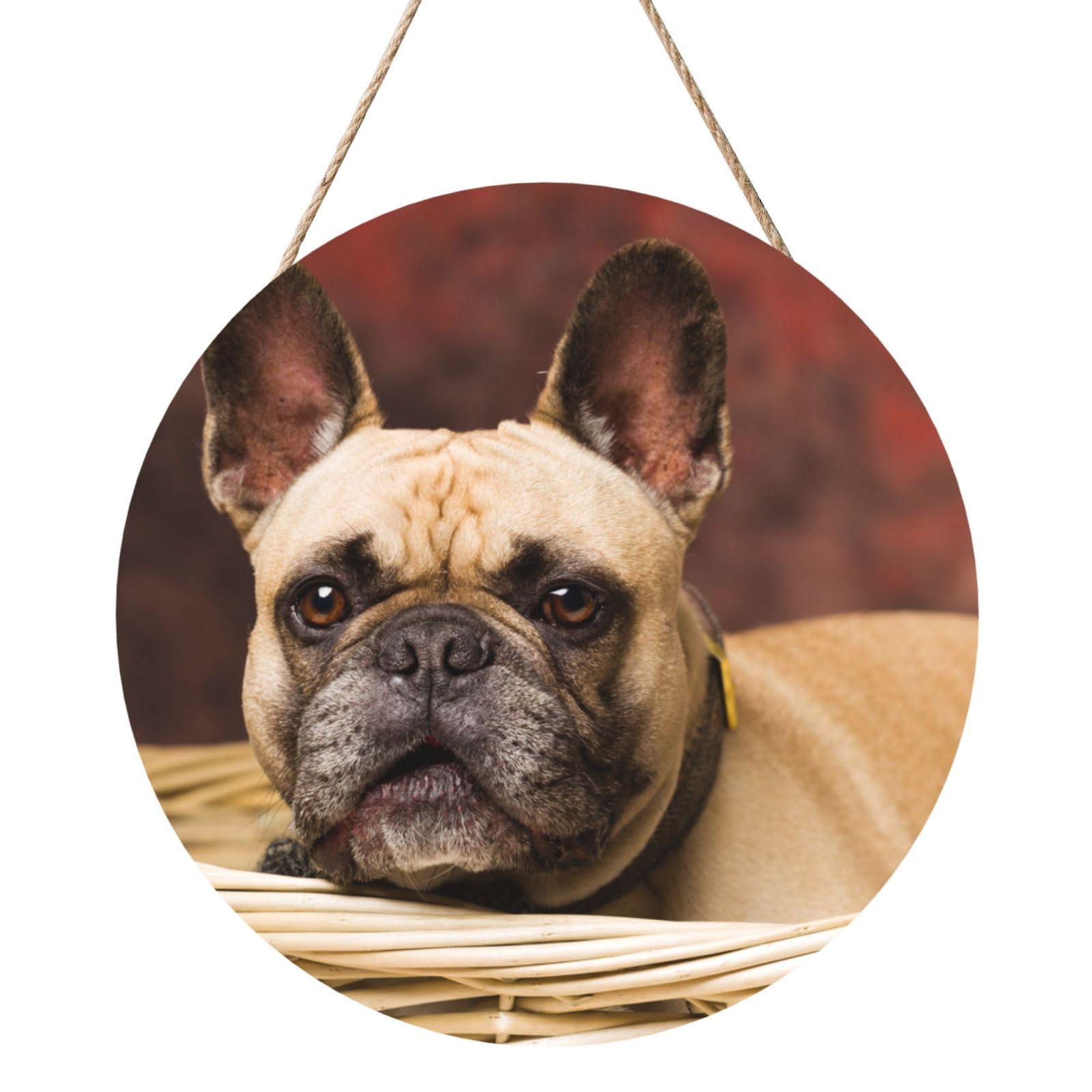 InOmak French BullDogs Mall Puppy Brown Little Dogs, Round Wood Panel Painting 12 in, Wall Hanging Painting For Home