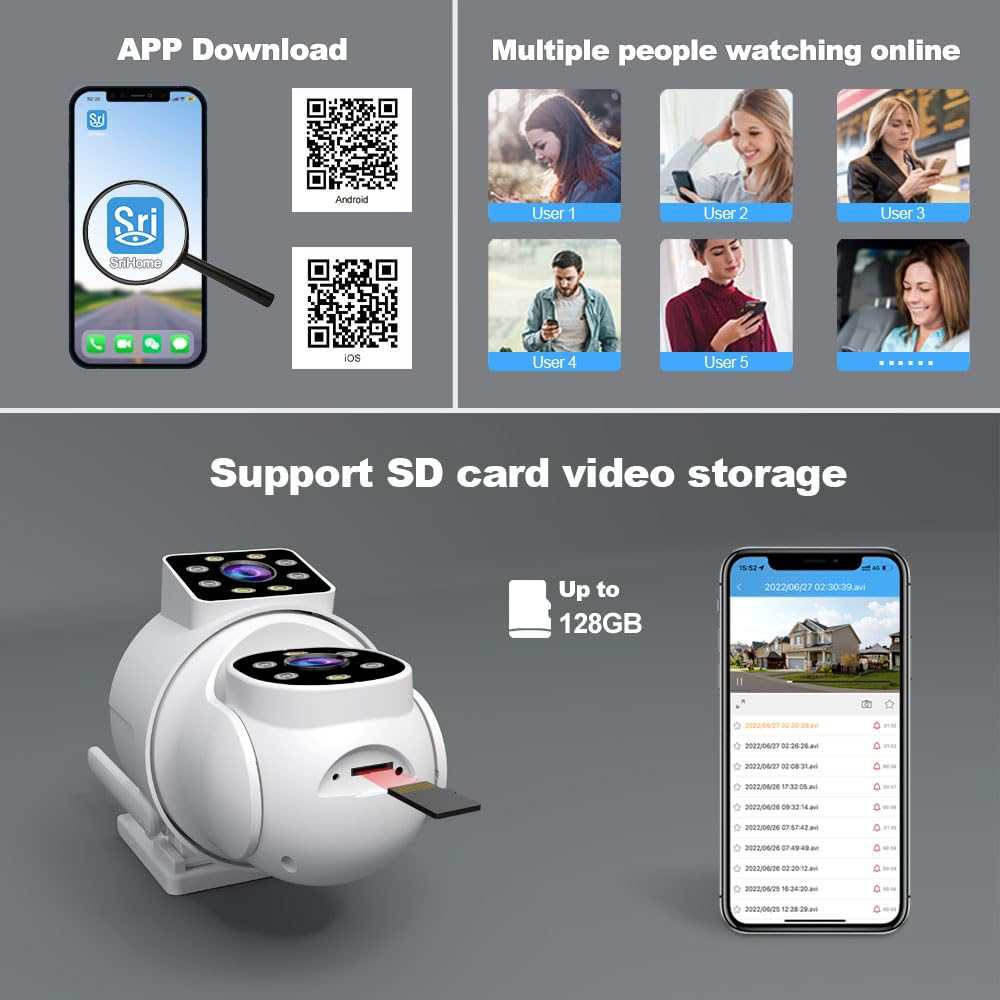 SRIHOME 2 * 2MP Telecamere di Sorveglianza per Esterni, 2.4GHz Bullet-PTZ Doppio Obiettivo, Rilevazione Umana, Visione Notturna a Colori, Audio Bidirezionale, Archiviazione Locale SD, IP66 (1)