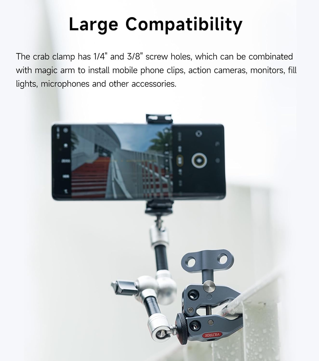 VILTROX ES-V02 Super Crab Claw Clamp Magic Arm Camera Clamp, Crab-Shaped Monitor Clamp with 1/4" 3/8" Threaded Holes for Gopro/DSLR Camera/Stabilizer/LED Light for Photography Video Recording Vlogging