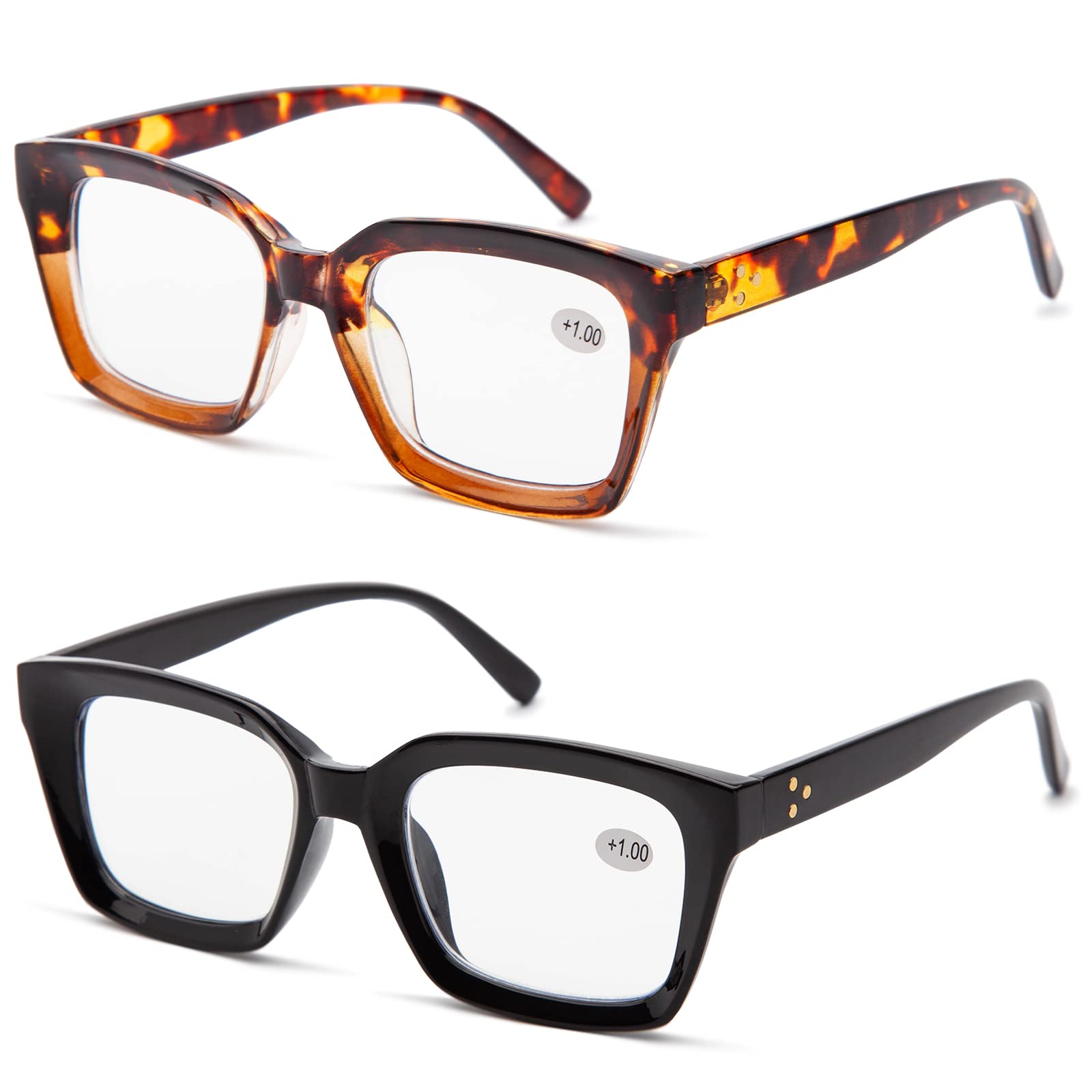 Amorays Confezione da 2 Occhiali da Lettura Oversize Square Frame Vintage con Anti Luce Blu Lenti Occhiali Presbiopia Lettori per Donna Uomo 6561(Nero+Tartaruga,+2.50)