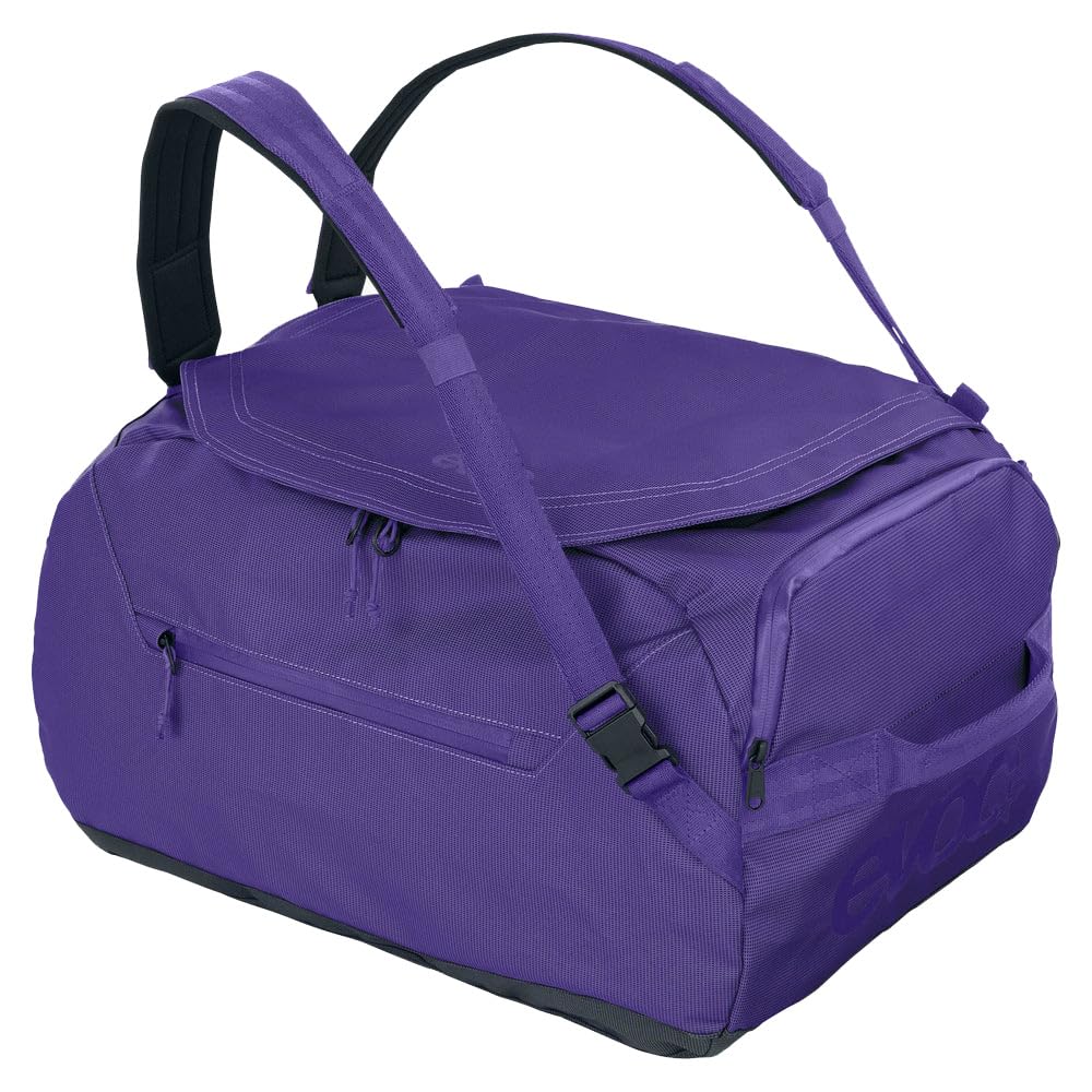EVOC DUFFLE BAG 40 Wodoodporna torba podróżna i na sprzęt (torba podróżna z odpinanym paskiem do noszenia, uniwersalnym zastosowaniem i zamkiem, bez PVC, rozmiar S), fioletowo-czarna