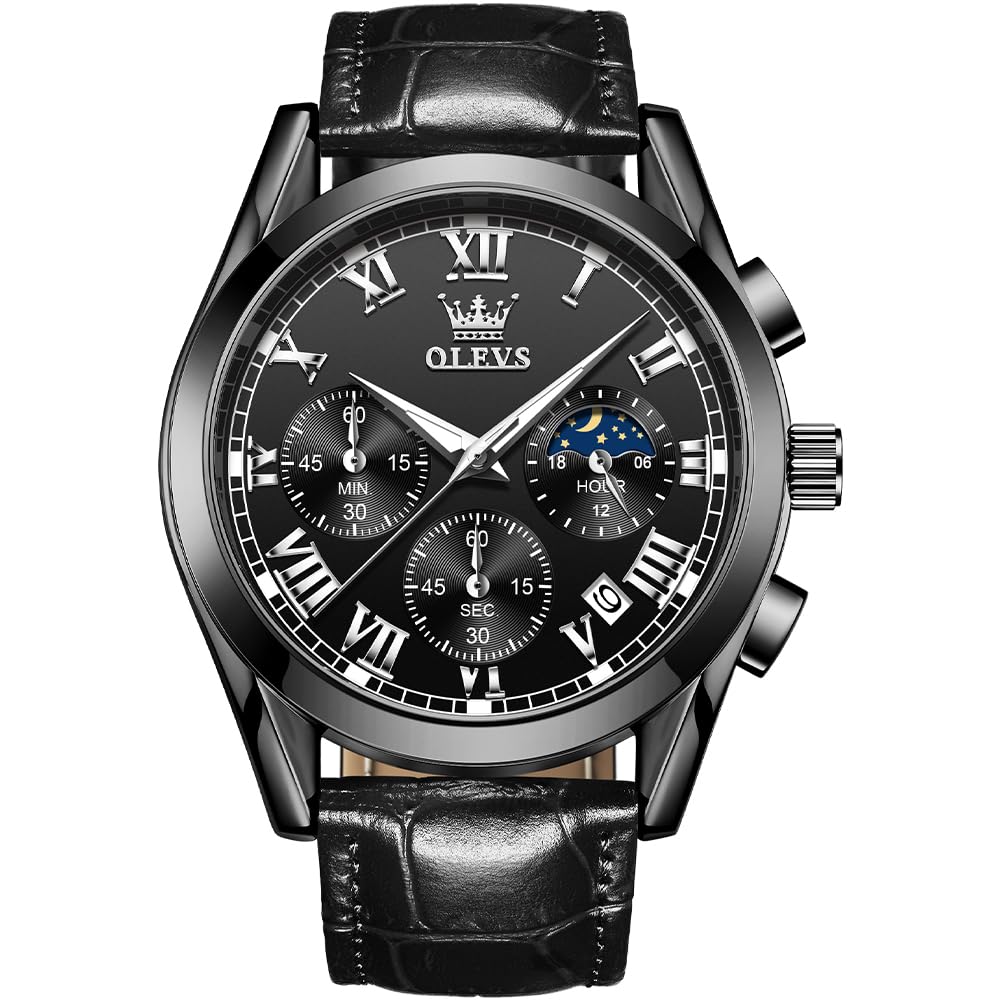 OLEVSWatch for Men Chronograph Brown Leather Gold Case Analog Quartz Fashion Business Dress Large Face Men Watch Day Date Luminous Waterproof Casual Male Wrist Watch Black/Blue/White Dial