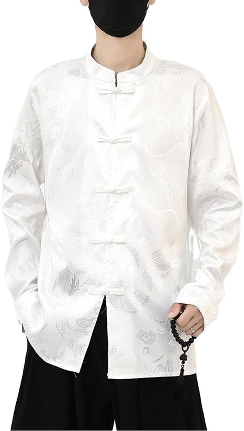 Long Sleeve Shirt Men's Spring Fall Vintage Loose Stand Collar Zhongshan Suit Tang Suit