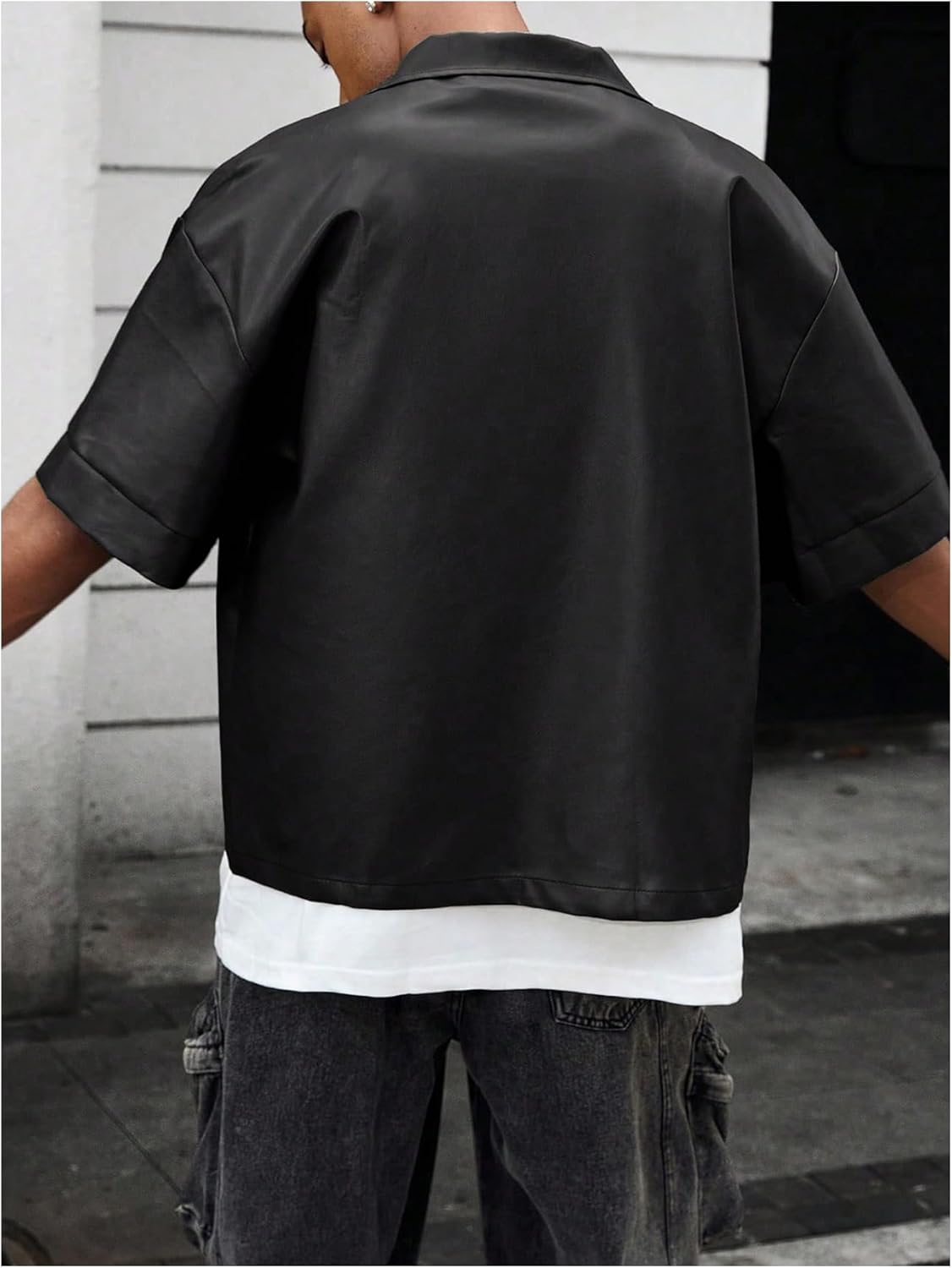 Men's PU Leather Outerwear Gothic Button Down Half Sleeve Collared Motorcycle Jacket Streetwear - Image 2