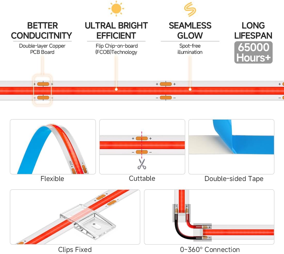 BTF-LIGHTING FCOB COB LED Strip Red Color 480LEDs/m 16.4FT DC12V Flexible High Density Uniform Light 8mm Width Bright Dimmable for Bedroom Indoor Decor(No Adapter or Controller)
