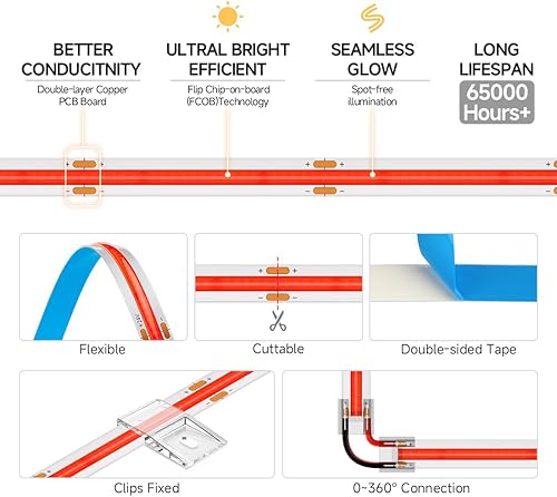 Miniatura 7 de BTF-LIGHTING FCOB - Tira LED COB de color rojo, 480 LEDsm, 16.4 pies, DC12V, flexible, de alta densidad, luz uniforme de 0.315 in de ancho,