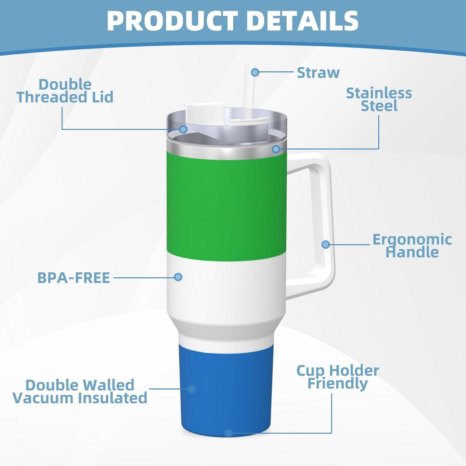 40 OZ Sierra Leone flag Print Ice Bully Cup with Handle Straw Lid Straw,Stainless Steel Tumbler Coffee Cup