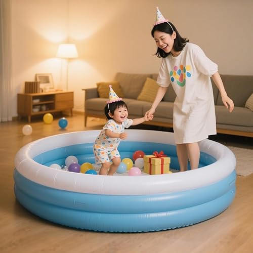Miniatura 4 de Piscina inflable para niños, piscina de barandilla de 60 x 16 pulgadas de grosor para niños, piscina inflable azul y blanca para juegos de fiesta en