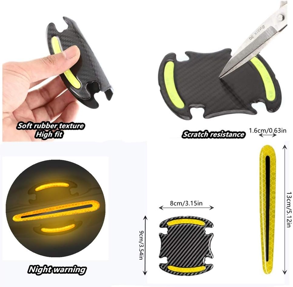 8pcs Universal 3D Carbon Fiber Texture car Door Handle Door Bowl Paint Scratch Protector Protective Cover Protective Film car Outdoor Safety Decoration Reflective Strip(Yellow)