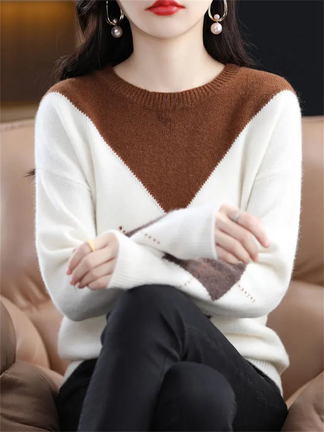 Maglione da Donna in Maglia Girocollo 100% Lana Pullover con Motivo A Rombi Larghi Top Abbinati