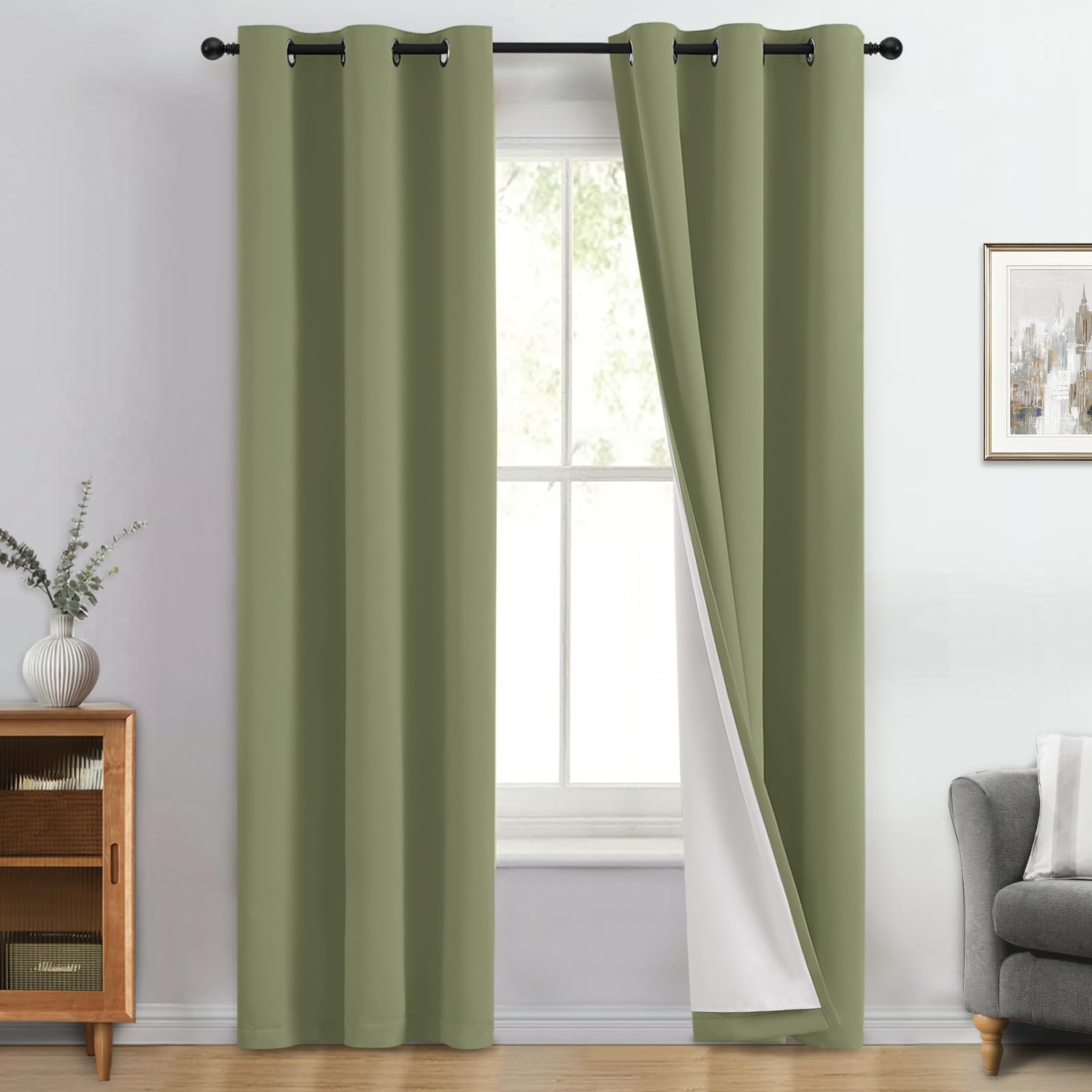 Yakamok 100% Blackout Curtain Panels 96 inches Cold and Light Blocking Drapes for Nursery, 2 Thick Layers Thermal Insulated Draperies (2 Pieces, 40 Wide Each Panel, Sage Front with White Backing) — image 1
