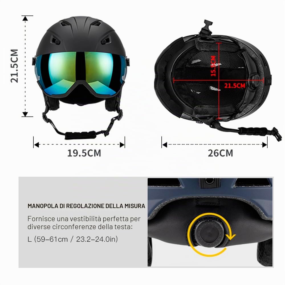 Lixada Casco da sci con occhiali, casco da snowboard per uomo e donna