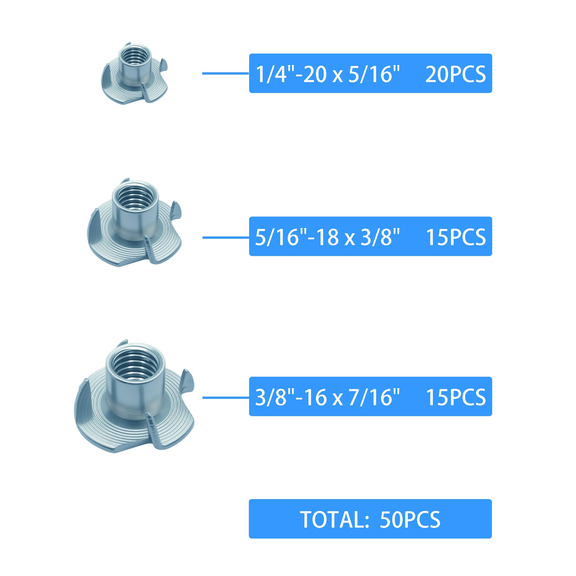 4 x nakrętka stalowa ocynkowana T-Nut tee, drewniane nakrętka zaślepiająca, 1/10,2 cm, 20 x 5/16, 5/16" -16 x 3/8," 3/8" - 18 x 7/40,6 cm, 50 szt